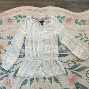 White House Black Market White Sheer Lace Drawstring Blouse